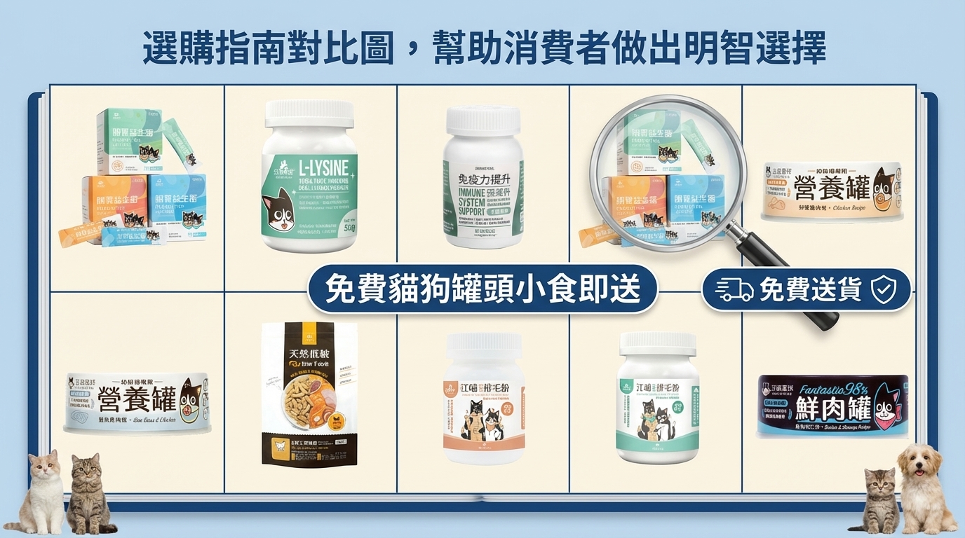 汪喵星球選購指南將十款熱銷產品整齊排列於規格展板，搭配放大鏡與可愛寵物點綴。畫面標註免運與贈品信任標誌，完整呈現產品細節與標籤，幫助飼主輕鬆比較並挑選。