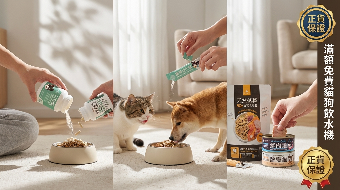 汪喵星球產品在採光良好的客廳，透過手部動作展示使用步驟。側面抓拍呈現完整包裝與品牌標誌，身旁有寵物陪伴但不遮擋主體。畫面結合滿額贈飲水機標語與正貨保證標誌，營造溫馨自然的居家餵食場景。