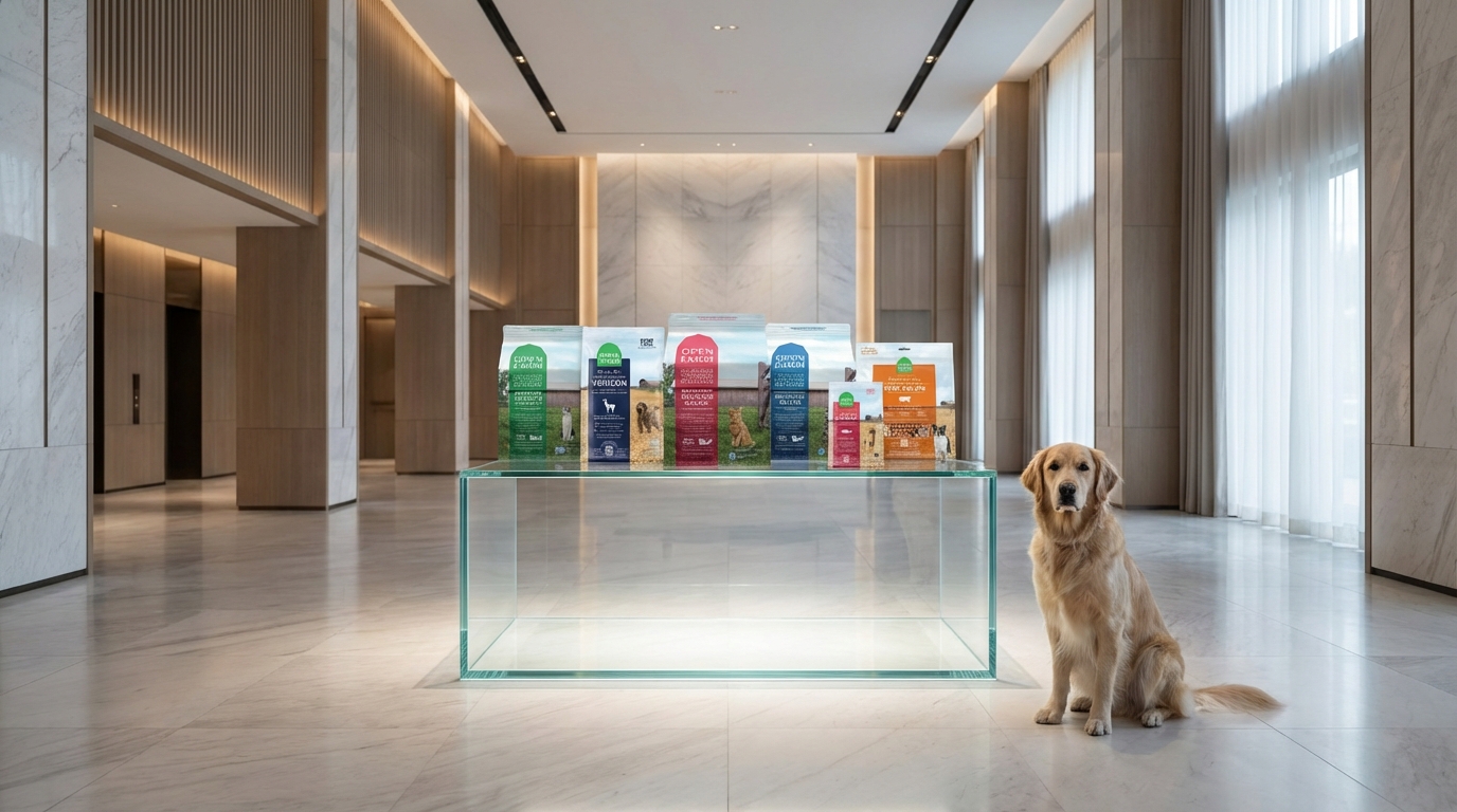 Open Farm 熱銷寵物糧食陳列於高級酒店大廳的玻璃展台，一隻優雅狗狗靜候在側。專業光影精確勾勒產品輪廓，在極簡構圖中展現品牌透明溯源的專業信賴感與頂級高端質感。