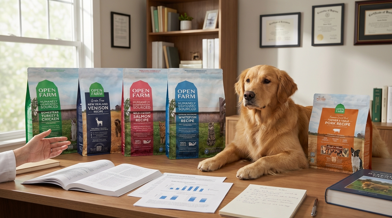 在專業營養師工作室中，Open Farm 產品與研究報告整齊並列。一隻健康的寵物安靜陪伴，在柔和光影下展現科學配方的權威感，傳遞對高品質寵物營養的專業信賴。