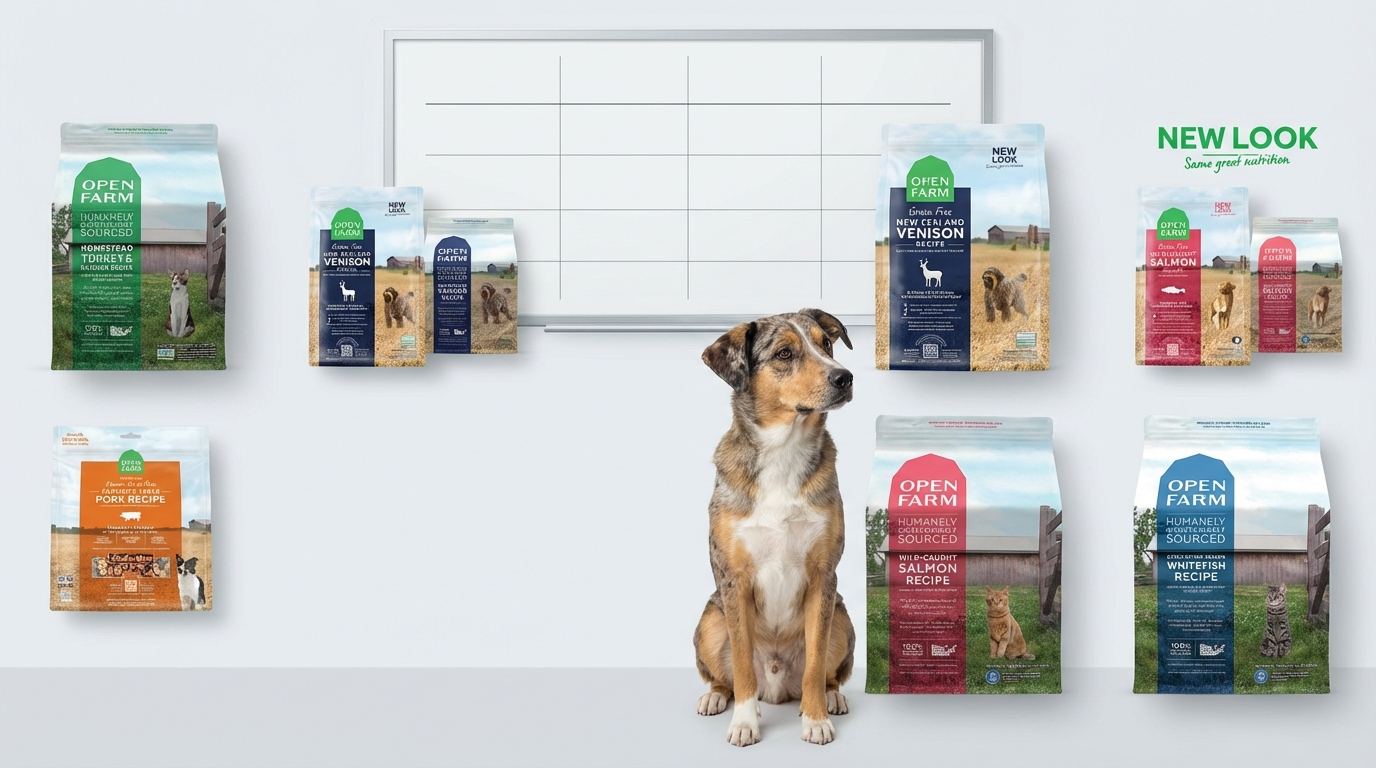 Open Farm 寵物糧食包裝在冷調燈光下並排展示，背景搭配簡潔比較表板，旁有一隻專注的健康犬隻。畫面清晰呈現產品標籤與品牌標誌，透過專業理性的對比構圖，協助飼主在多款 Open Farm 產品間做出明智選擇。