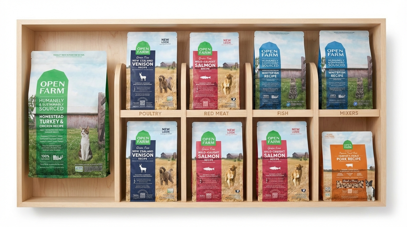 Open Farm 多元寵物糧食整齊排列在淺色木質貨架，展示十款核心產品。搭配精緻分隔板與網格構圖，展現井然有序的專業質感，突顯品牌天然高品質與透明溯源形象。
