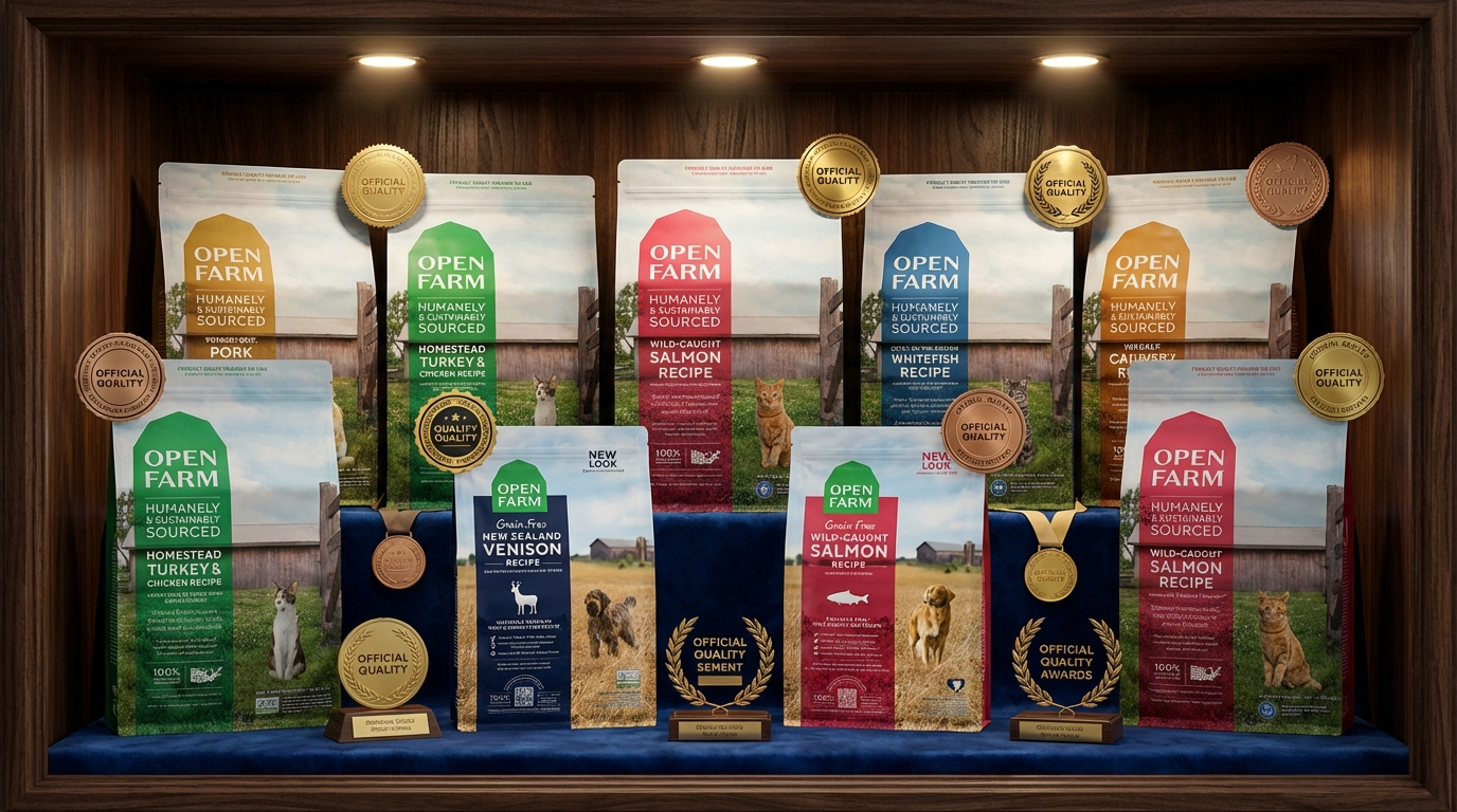 Open Farm 寵物食品置於胡桃木與絲絨陳列區，在燈光下突顯品質標章。周圍環繞金色獎牌與官方印章，展現品牌對卓越品質的堅持與值得信賴的權威感。