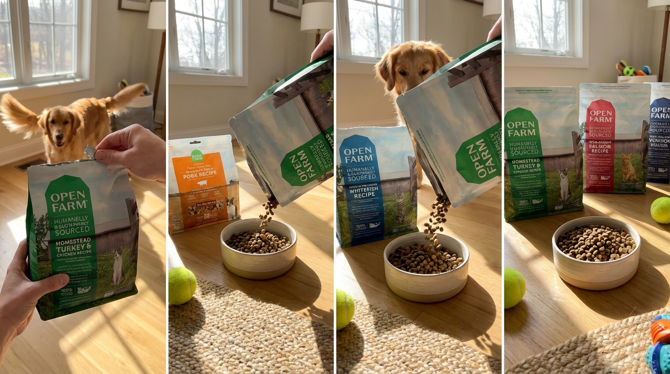 陽光灑落木地板，第一人稱展示 Open Farm 產品餵食過程，從包裝倒入食盆，身旁散落抓板與網球。背景有期待的寵物與清晰品牌標誌，展現溫暖活力的居家氛圍。