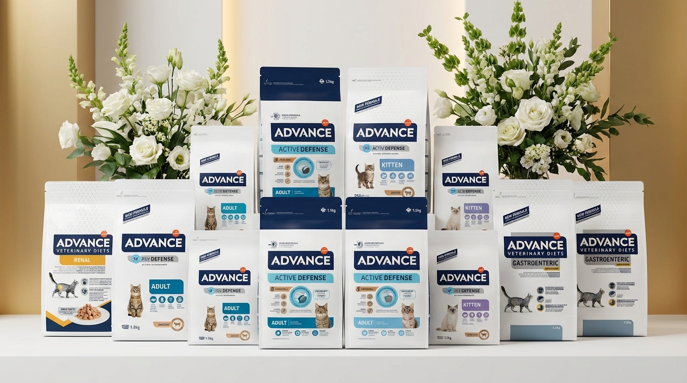 ADVANCE 高端概念店內，十款熱銷寵物乾糧整齊陳列。極簡留白構圖搭配金色暖光與清新綠植，展現產品真實質感，營造獸醫研發配方的專業信賴感與自然健康品牌形象。