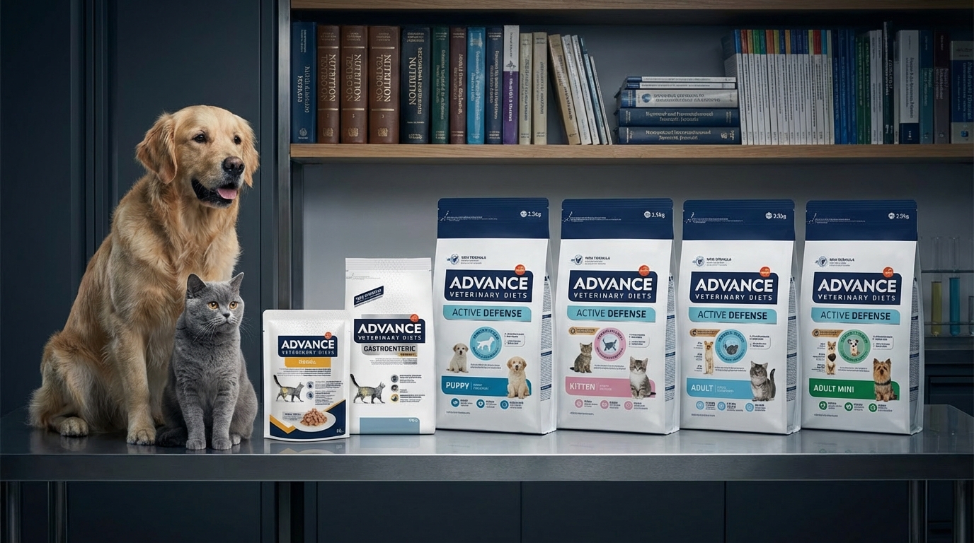 ADVANCE 專業寵物乾糧系列陳列於現代研究室，背景為權威營養學書籍。中央展示十款產品與健康的犬貓，展現由獸醫與營養師研發的全面均衡營養配方與專業信賴感。