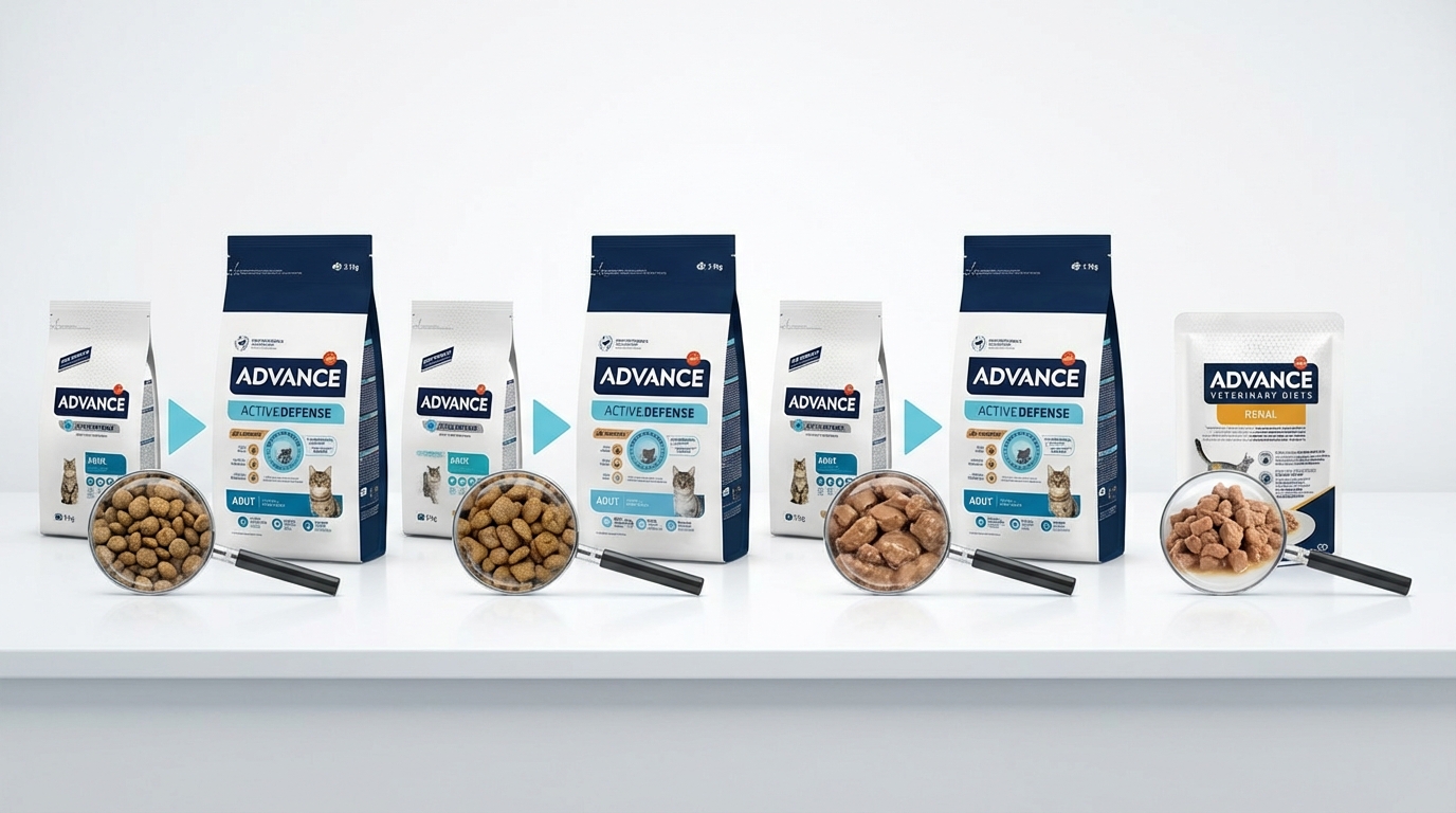 ADVANCE 寵物乾糧產品對比，在冷調燈光下並排展示包裝。透過放大鏡聚焦飼料顆粒質地，營造科學嚴謹的評測氛圍。畫面保留完整品牌標誌與標籤，以專業客觀的視角協助消費者挑選合適配方。