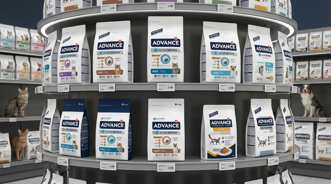ADVANCE 專業寵物乾糧系列展示於現代超市的高質感貨架，十款熱銷包裝以環形排列呈現正面全景。在明亮的商業燈光下，清晰可見品牌標誌與多樣化配方，背景融入神態健康的貓狗，強調獸醫研發的全面均衡營養，為飼主提供豐富且專業的產品選購指南。