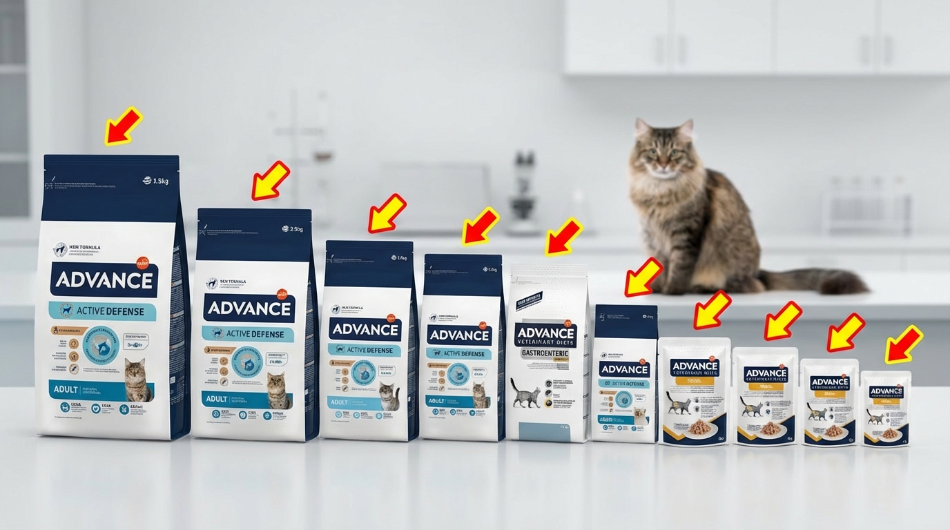 ADVANCE 寵物乾糧選購攻略，十款熱銷產品在實驗室場景由大至小排列，搭配亮眼箭頭標註。背景伴隨毛色亮麗的健康寵物，以專業視角呈現均衡配方，幫助飼主輕鬆對比挑選。