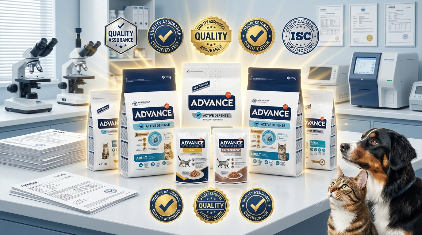 ADVANCE 熱銷寵物糧在精密實驗室中展示，搭配品質標章與金黃光束，展現權威認證。背景充滿專業檢驗報告，身旁毛色亮麗的寵物眼神信賴，體現獸醫研發配方的科學嚴謹與高品質保證。