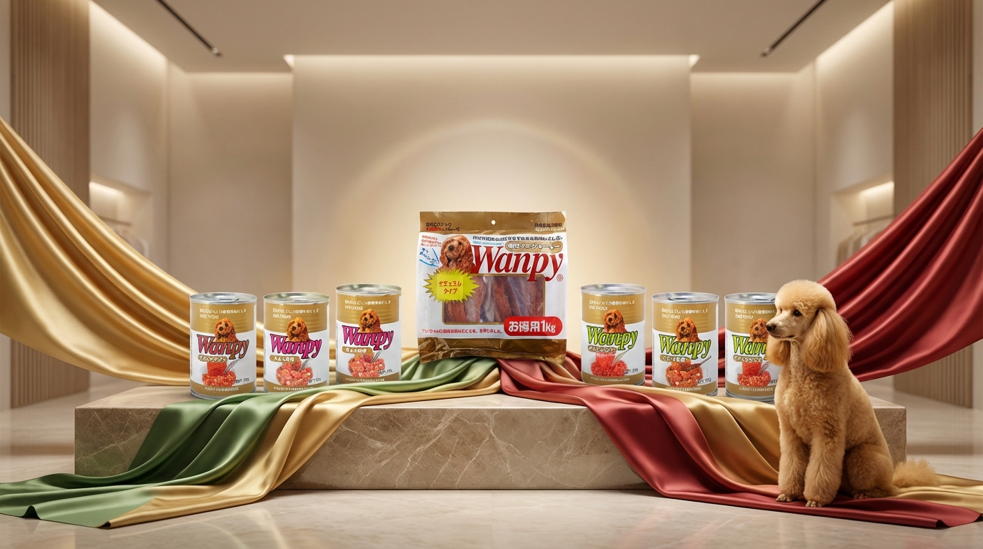 Wanpy 品牌旗艦店內，十款熱銷產品對稱排列於質感展台，四周環繞品牌色絲綢布料與柔和漸變光暈，一隻神態優雅的寵物靜候在側，呈現出高端奢華的品牌故事與視覺美感。