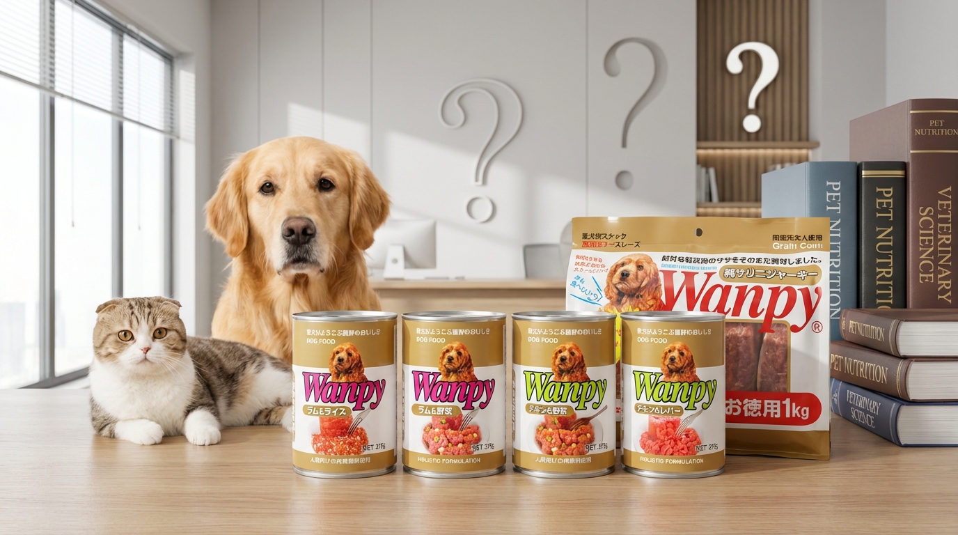 Wanpy 寵物食品擺放在專業客服中心，特寫展示多款罐頭與滋味醬，背景結合問號與書籍。溫順貓狗靜候在旁，明亮採光營造出安心專業的氛圍，傳遞品牌對寵物營養的嚴謹與承諾。