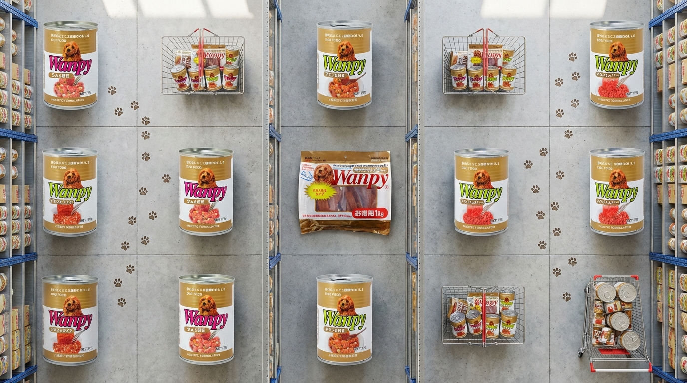 Wanpy 寵物零食產品分類導覽，明亮自然光下的倉儲式網格陳列。俯視呈現十款熱銷產品包裝，搭配精緻購物車與趣味寵物腳印，展現品牌貨源充足且多元豐富的高質感電商視覺。