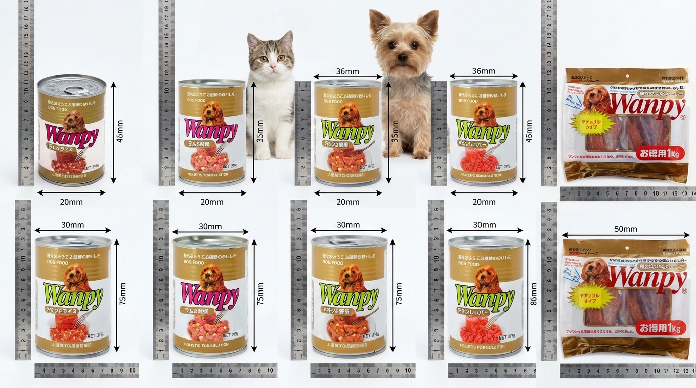 Wanpy 選購攻略展示十款熱銷產品，搭配精密尺規與標點營造科學分析氛圍。背景有貓咪與小型犬，完整呈現包裝、顏色與標誌，幫助消費者透過清晰對比，為寵物做出明智選購。
