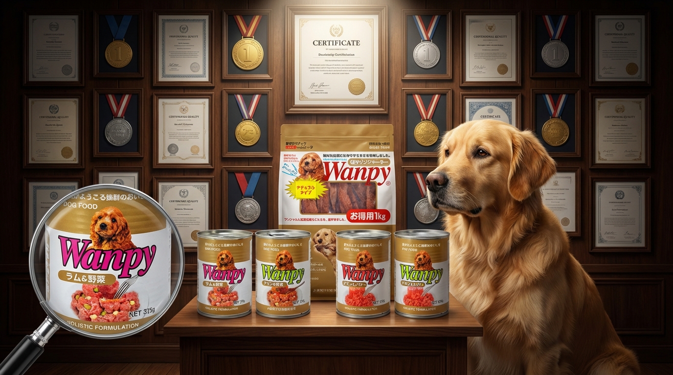 Wanpy 寵物食品包裝陳列於專業認證牆與榮譽獎牌前，權威燈光營造嚴謹氛圍。結合信任徽章並強調包裝細節，一旁有安詳寵物靜候，展現品牌實力與高品質堅持。
