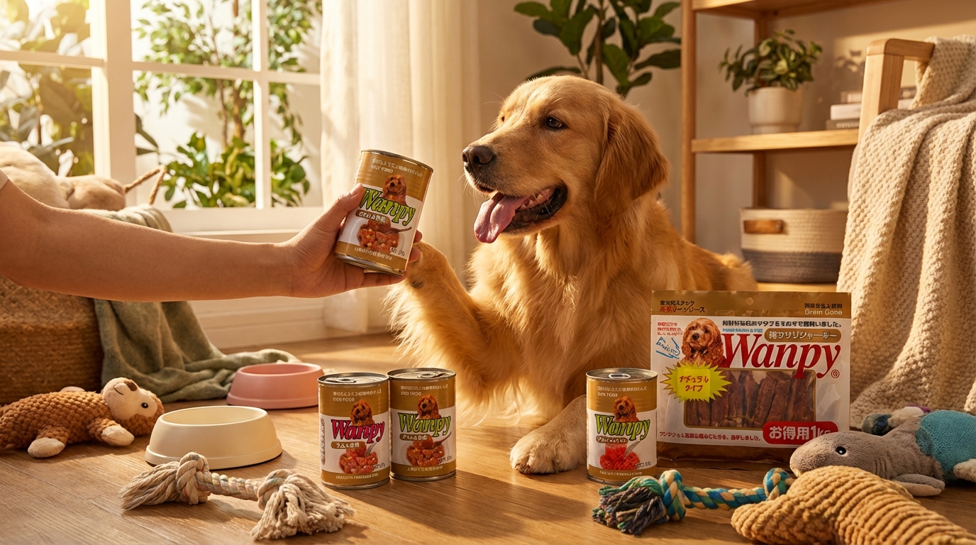 溫暖黃昏陽光灑在居家遊戲區，飼主手持 Wanpy 產品與愛寵親密互動。特寫鏡頭捕捉清晰的產品標誌與寵物動態，背景點綴著質感玩具，展現自然溫馨且專業的產品實際使用氛圍。