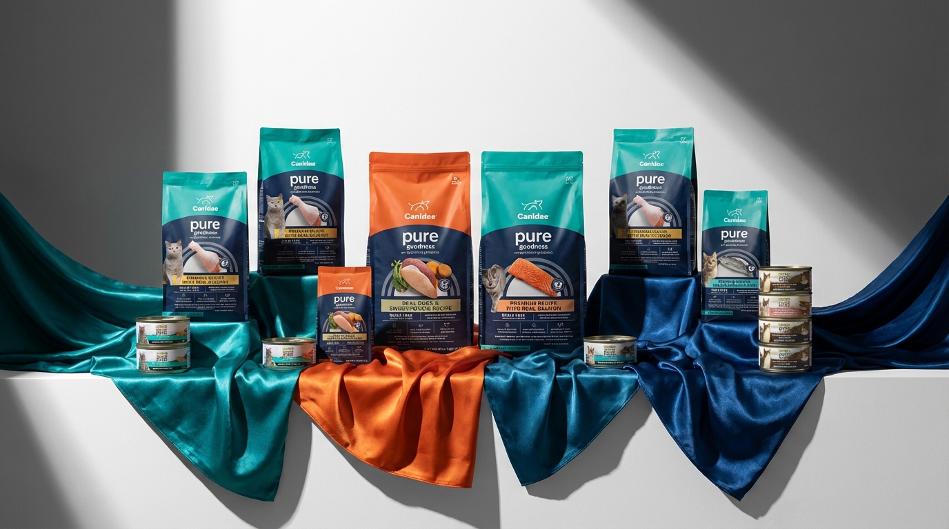 CANIDAE 咖比系列產品於極簡白色空間對稱排列，搭配流動絲綢與戲劇性側光，營造優雅精緻氛圍。橫向構圖清晰展現產品標籤與標誌，以純粹光影提升品牌旗艦質感。