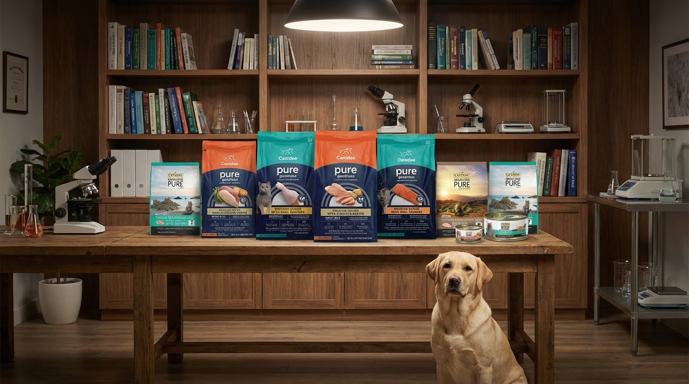 在專業營養師工作室內，十款 CANIDAE 咖比產品整齊排列於木桌。背景設有書架與分析儀器，柔和燈光映照著身旁安靜坐著的健康犬隻，展現品牌天然配方的專業權威感與真誠信賴的溫馨氛圍。