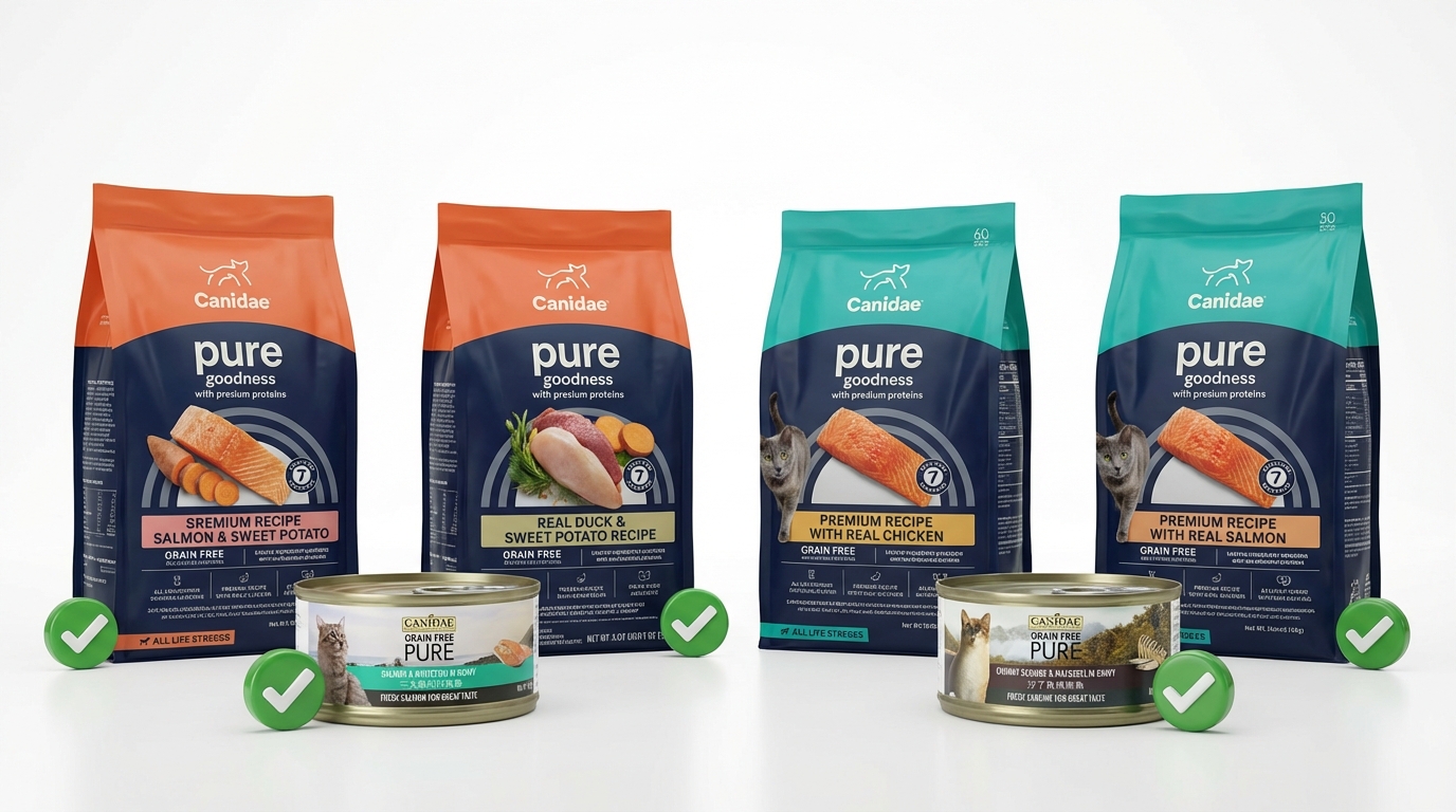 CANIDAE 咖比熱銷寵物糧食與罐頭於純白攝影棚整齊陳列，搭配立體勾選圖示展現專業權威。柔和燈光與簡潔背景突顯天然配方標籤，傳遞高品質且值得信賴的品牌安心感。