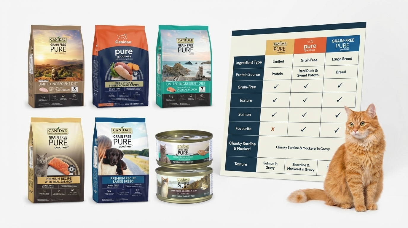 CANIDAE 咖比十款熱銷產品以比較表格式佈局整齊陳列，搭配健康寵物與純淨背景。高亮度燈光清晰展示包裝細節與標誌，營造權威評測氛圍，助消費者做出明智選購。