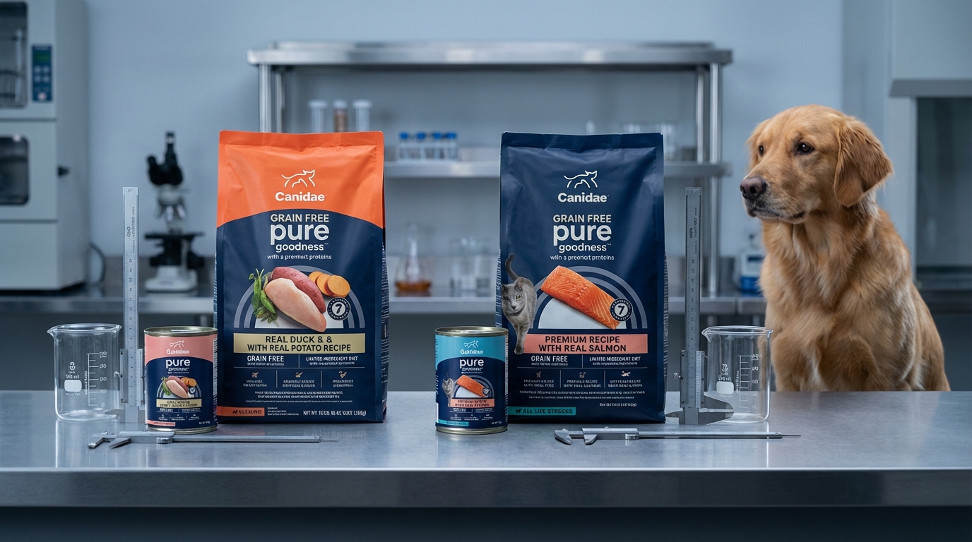 CANIDAE 咖比選購攻略對比圖，在冷色調學術實驗室並排展示兩款產品，旁有金屬量尺與健康犬隻。畫面嚴謹並完整呈現標籤細節，透過專業對比引導消費者做出明智選購。