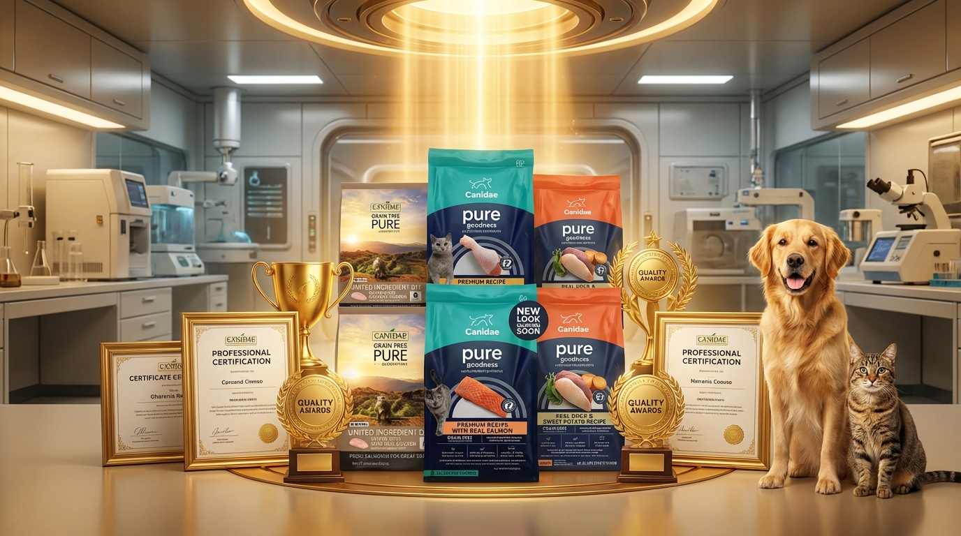 CANIDAE 咖比產品包裝置於科技感實驗室，環繞金色品質獎牌與認證證書。莊重金光聚焦細節，搭配側邊健康的犬貓，展現品牌高品質、無致敏原且值得信賴的專業守護。
