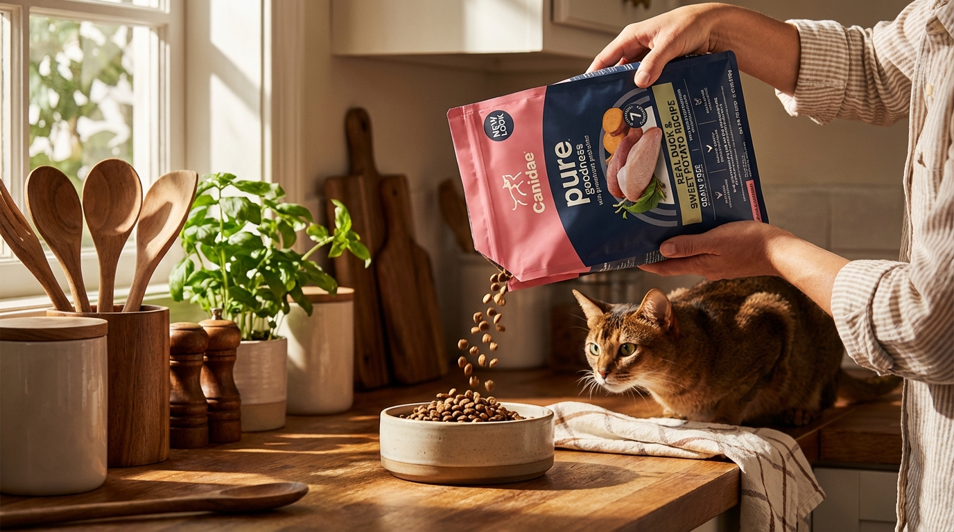 陽光灑落的溫馨廚房中，飼主正將 CANIDAE 咖比天然糧倒入碗裡，一旁毛色亮麗的寵物正期待注視。木質檯面結合動態光影，完整展現產品包裝標誌，營造出高品質寵物生活的餵食場景。