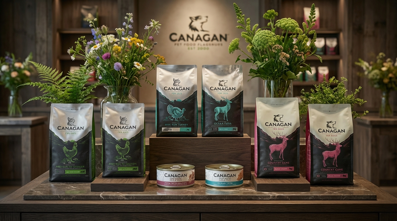 CANAGAN 原之選旗艦店中，十款熱銷產品呈精緻階梯排列，搭配柔和光暈與自然植栽，展現包裝完整的專業質感，營造頂級寵物食品的奢華氛圍與品牌傳承。
