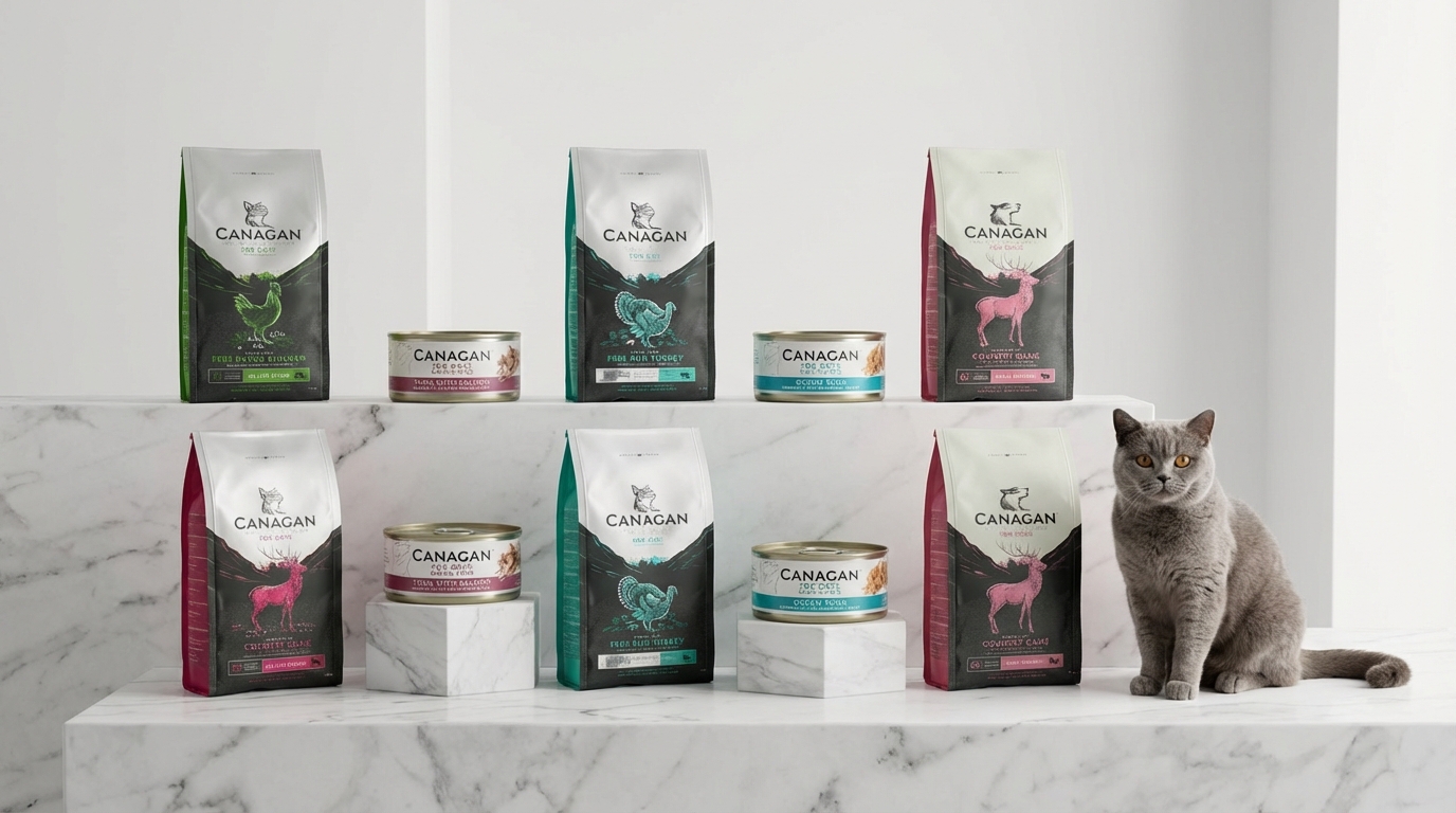 CANAGAN 原之選十款熱銷無穀物產品陳列於現代大理石空間，搭配柔和光線與幾何底座，側面有健康寵物陪伴。畫面清晰展示各款包裝細節與品牌標誌，呈現英國天然配方的專業質感。