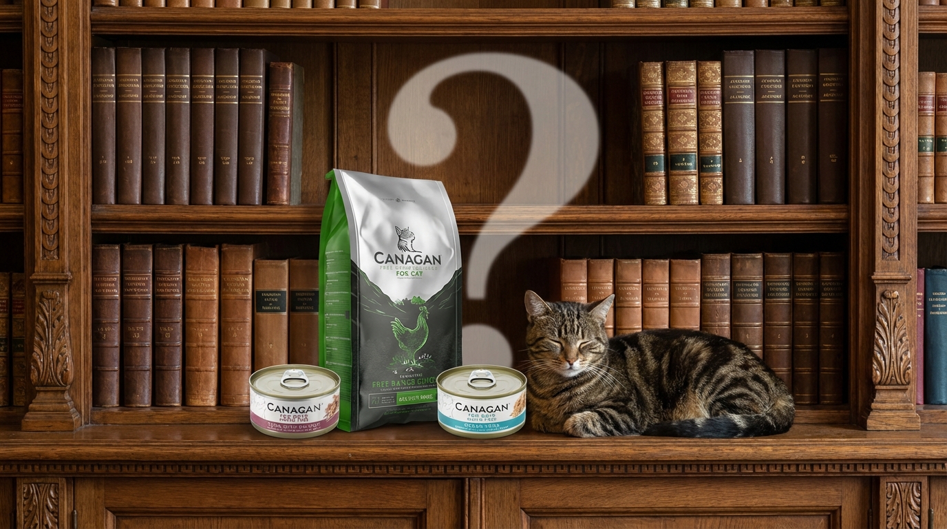 CANAGAN 原之選走地雞乾糧與主食罐陳列於精緻木質書櫃前，背景隱約透出問號光影。一隻毛色光澤的貓咪依偎在旁，營造出結合專業知識與健康活力的安心解答氛圍。