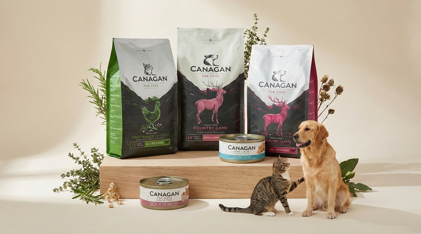 CANAGAN 原之選英國天然無穀物配方，包裝置於原木底座並點綴新鮮香草，身旁有健康犬貓。專業攝影棚柔和光影展現包裝細節與品牌標誌，營造高端且天然的專業氛圍。