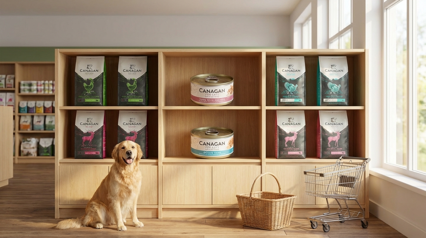 CANAGAN原之選在明亮木質展架上，整齊陳列十款熱銷寵物食品。一隻愉悅的寵物坐在分區產品旁，搭配購物籃與小推車，營造溫馨選購氛圍，清晰展示品牌多元產品線與完整標籤。