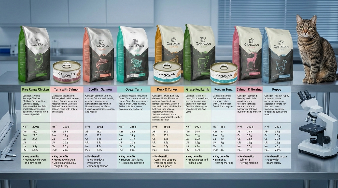 CANAGAN 原之選選購攻略對比圖，在實驗室工作台整齊並排十款熱銷產品。結合專業儀器與健康寵物，清晰展示包裝標籤，協助消費者理性對比差異，挑選維持毛孩健康的天然無穀物配方。