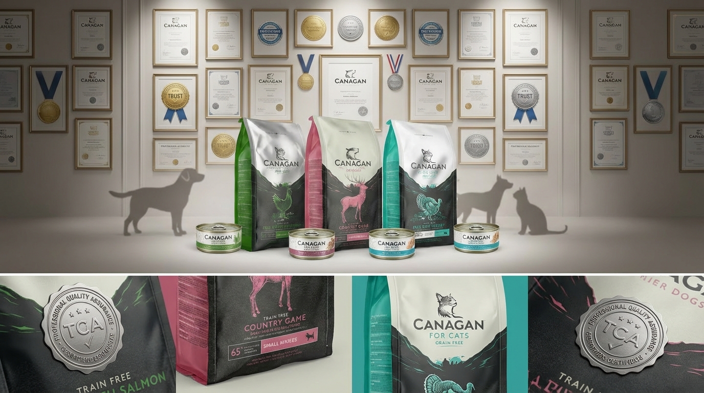 CANAGAN 原之選熱銷產品置於專業認證牆前，金屬徽章與聚光燈突顯包裝質感。背景融入健康寵物身影，展現品牌英國天然無穀物配方獲得多項權威認證的品質保證與專業公信力。