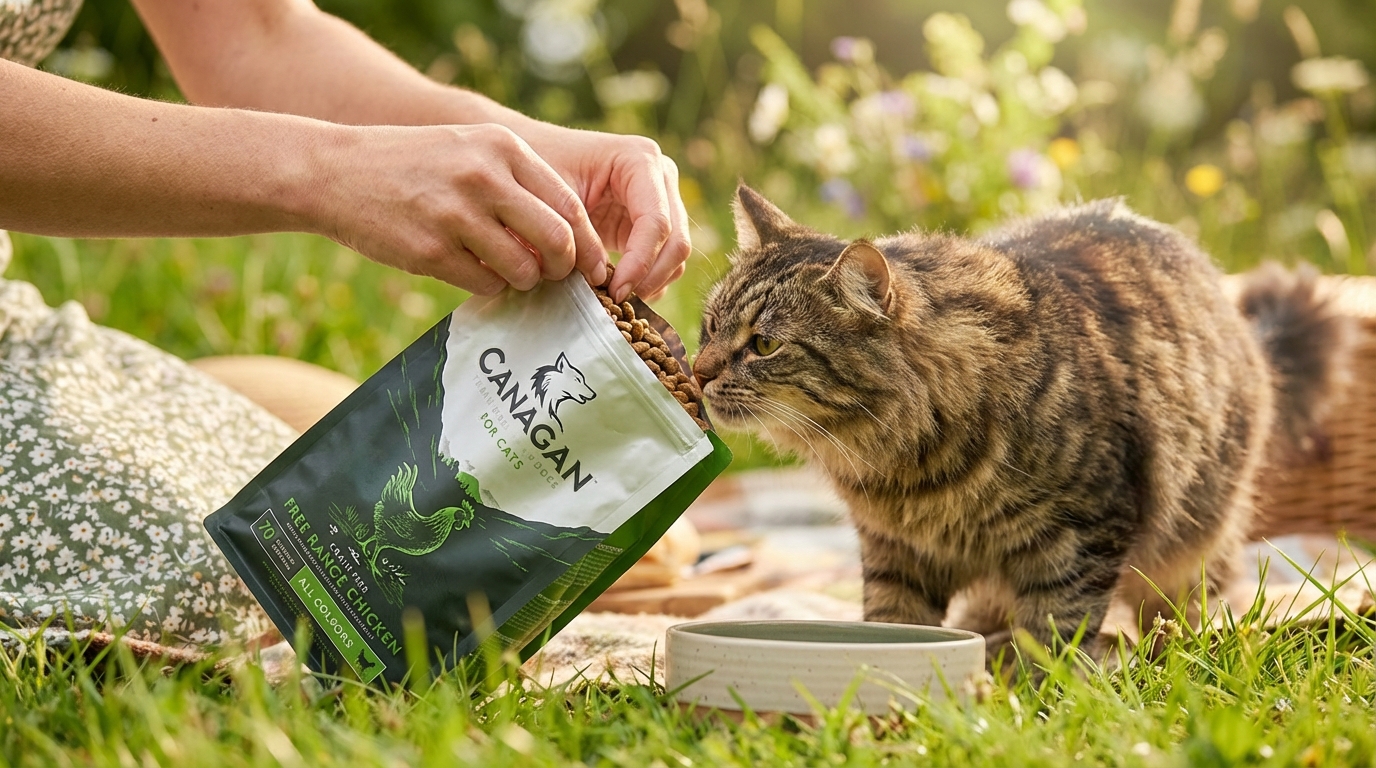 陽光灑落的草地上，雙手開啟 CANAGAN 原之選 無穀物飼料準備倒入碗中。毛色健康的寵物興奮湊近，展現溫馨互動。柔和光影映照產品包裝與高品質飼料，呈現充滿生命力的餵食場景。