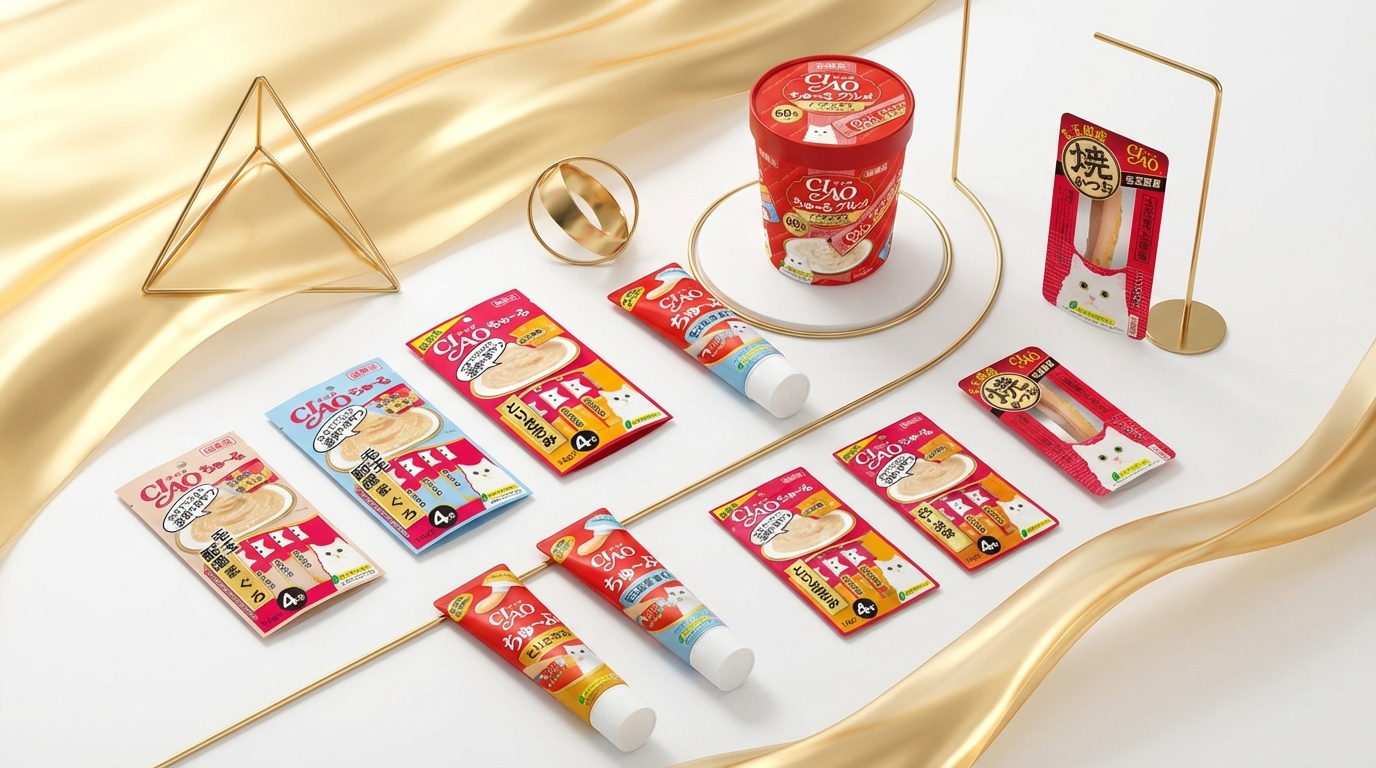 CIAO 十款熱銷產品於極簡白色空間呈黃金比例佈局，流動金色高光與金屬裝飾交織出奢華感。微俯視角度細膩呈現包裝細節，展現品牌純淨尊貴的傳承底蘊與高端質感。