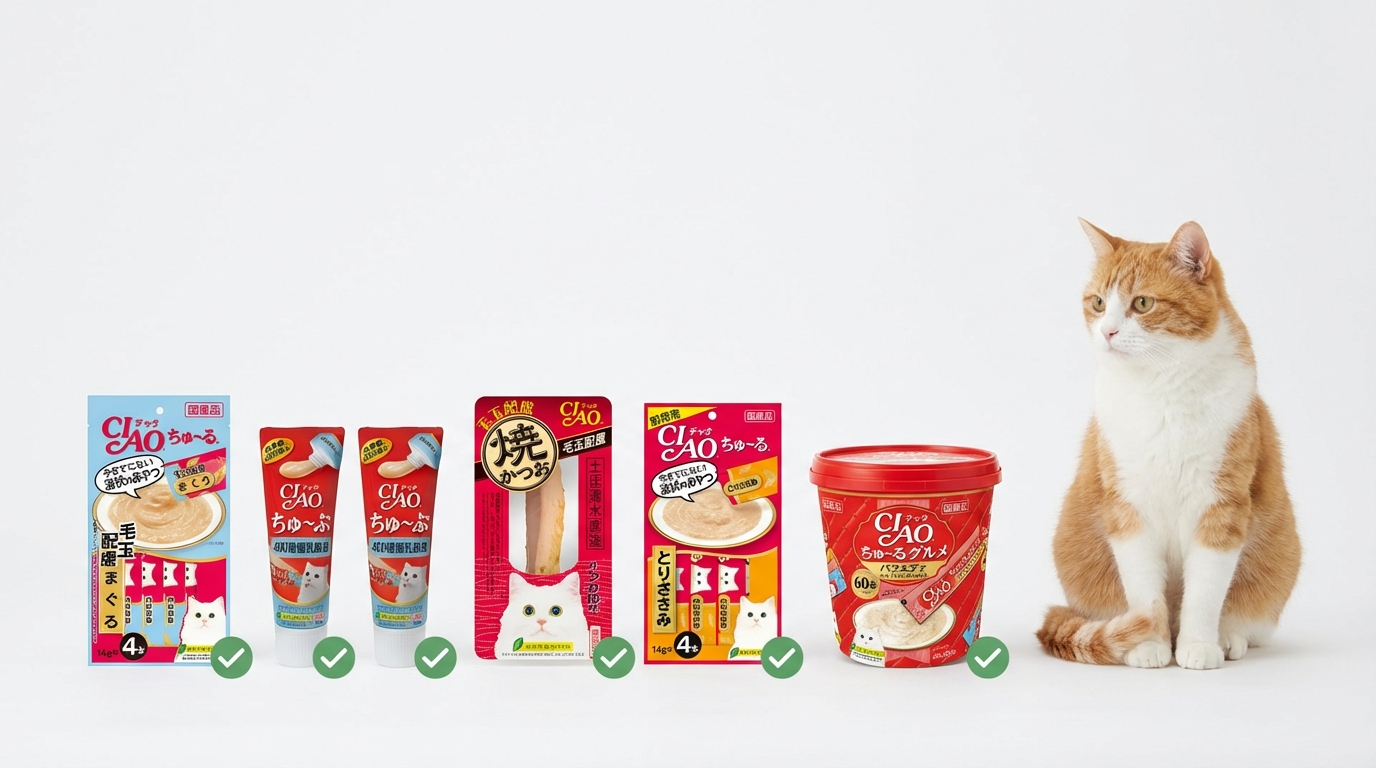 柔和燈光下整齊排列 CIAO 肉泥與功能性乾糧，搭配勾選圖示展現專業嚴謹。一隻乖巧貓咪在旁守候，營造科學且溫馨的氛圍，傳遞品牌嚴選天然食材與守護健康的承諾。