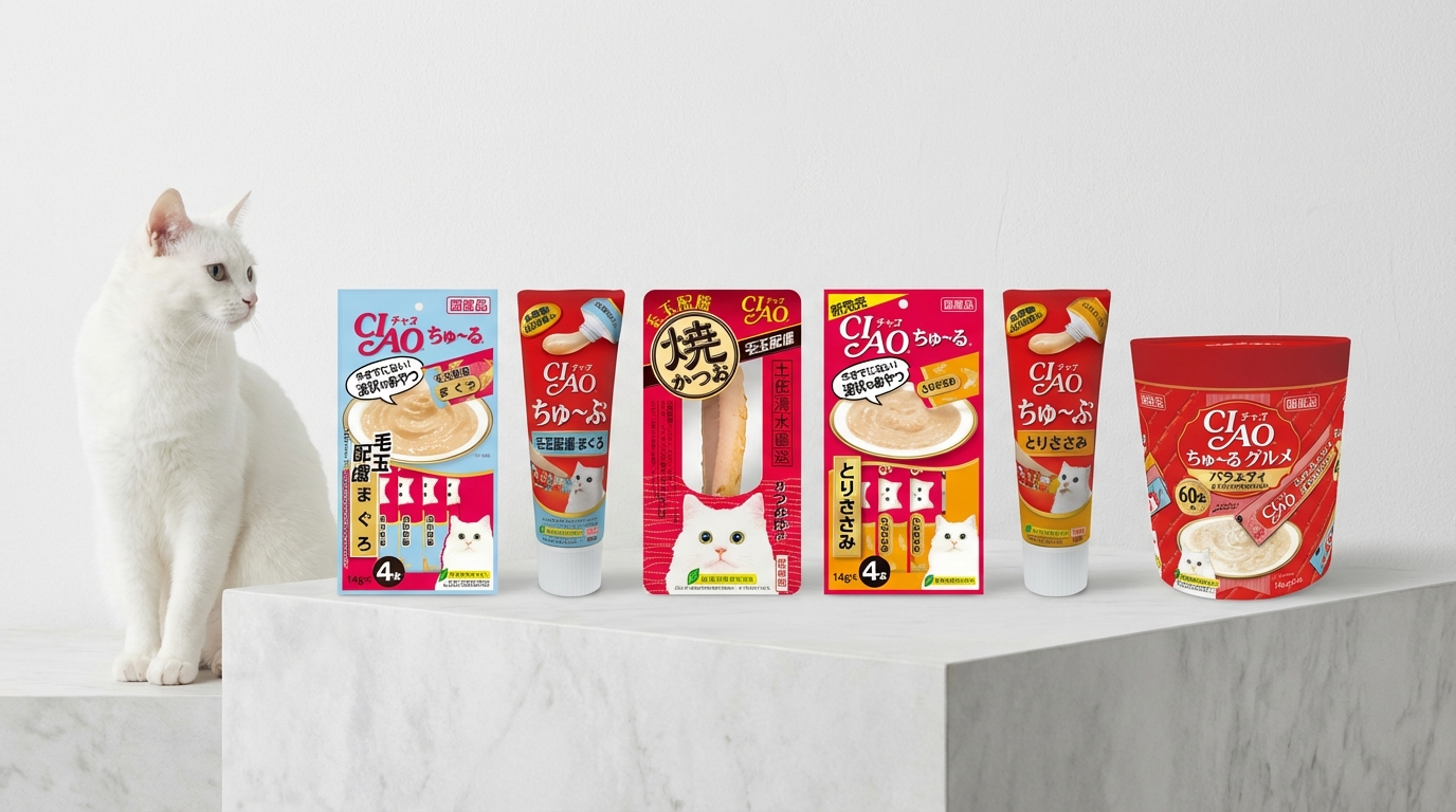 現代簡約展示空間內，CIAO 多款熱銷貓咪零食整齊排列，一旁配有優雅貓咪點綴。純淨背景與專業燈光突顯產品包裝細節，展現日本優質天然食材與全面營養配方的專業形象。