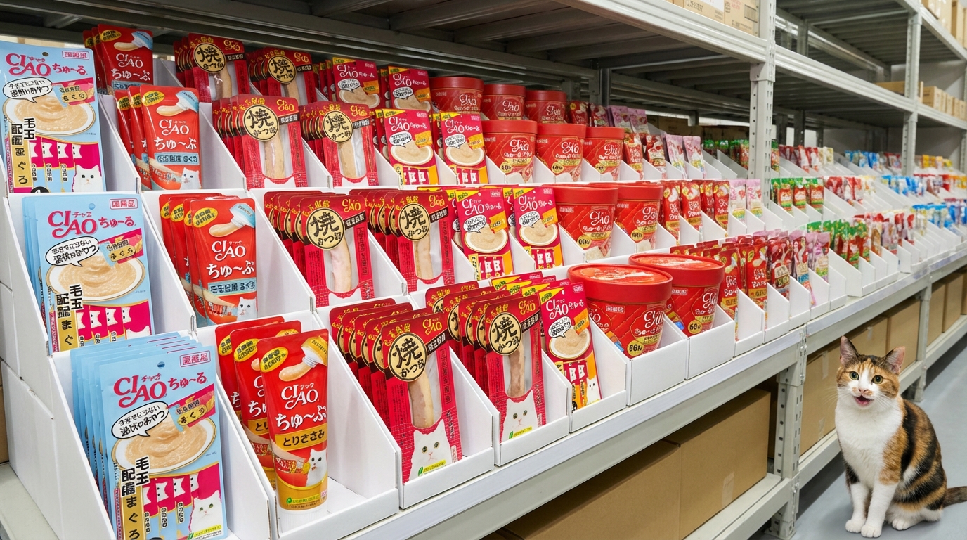 CIAO 產品分類導覽，在整齊明亮的倉儲貨架以階梯式陳列多樣口味貓咪食品。角落有一隻愉悅的貓咪，清晰展現產品包裝與豐富品類，呈現專業多元的營養選擇與便利購物氛圍。