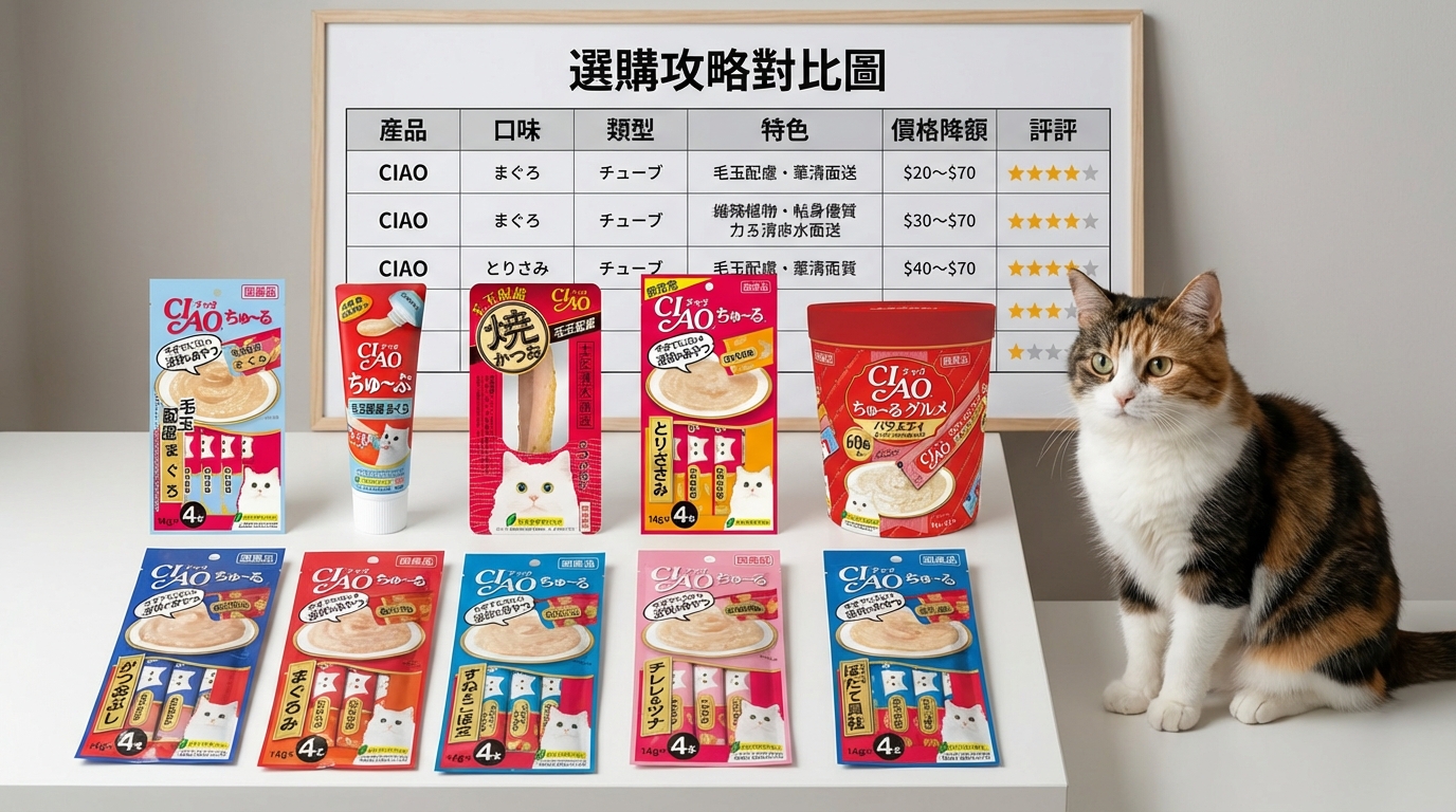 專業桌面上整齊排列十款 CIAO 熱銷產品，搭配比較表與靈動貓咪。清晰展示包裝細節與多樣口味，協助消費者對比日本優質食材與營養配方，輕鬆為愛寵做出明智決策。