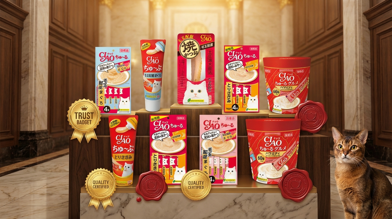 CIAO 品牌十款熱銷產品優雅排列於宏偉的大理石與胡桃木大廳，周圍環繞著金色獎章與官方封蠟印章，象徵專業認證與品質保證。溫潤金光灑在立體包裝上，一旁伴隨毛色亮麗的健康貓咪，展現品牌對寵物健康的守護與權威信任感。