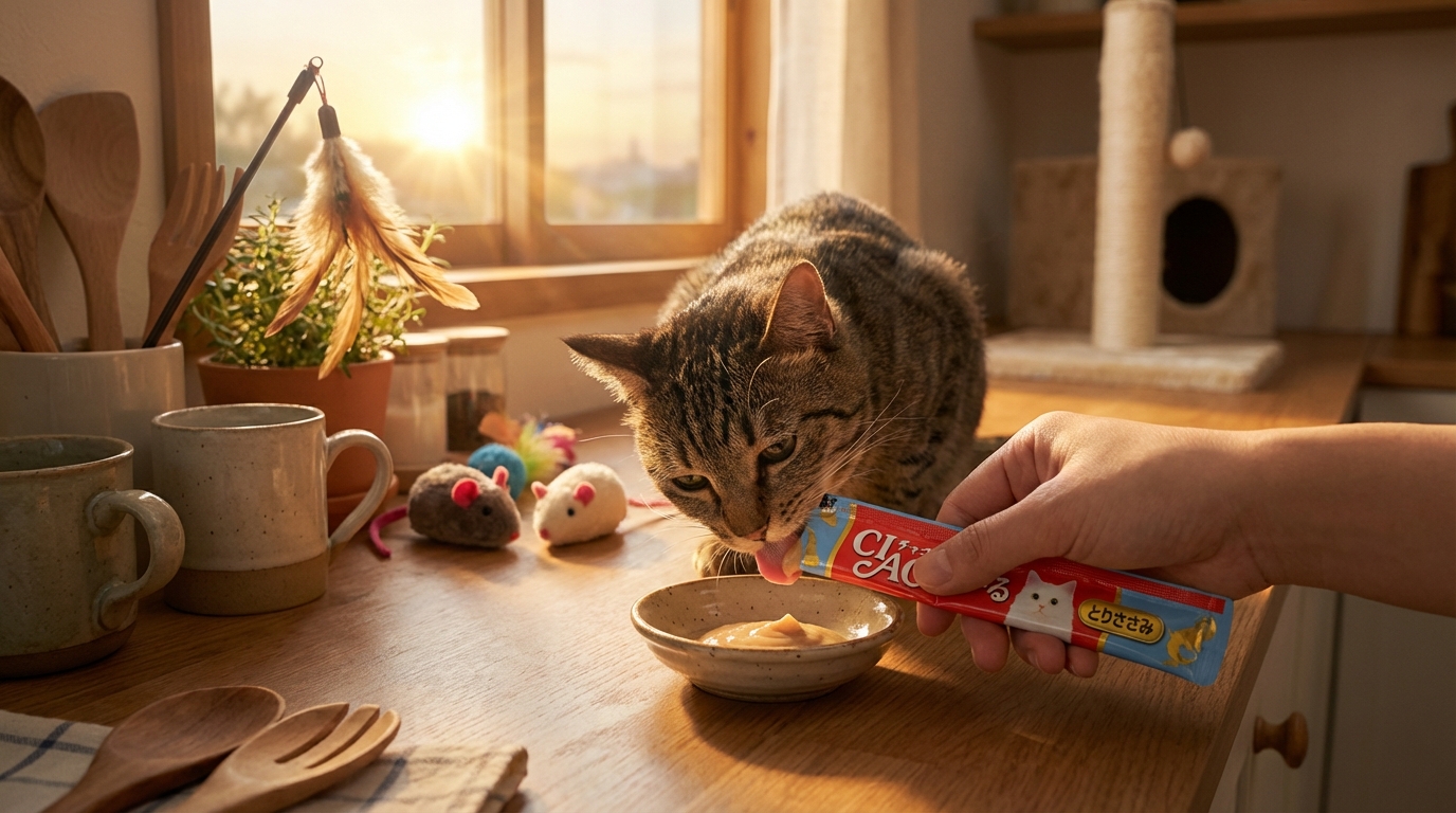 暖陽灑進溫馨廚房，主人正親手餵食並展示 CIAO 產品包裝。一隻貓咪專注靠近產品互動，背景點綴著精緻寵物玩具，生動呈現居家餵食的溫暖場景、品牌標誌與優質食材質感。