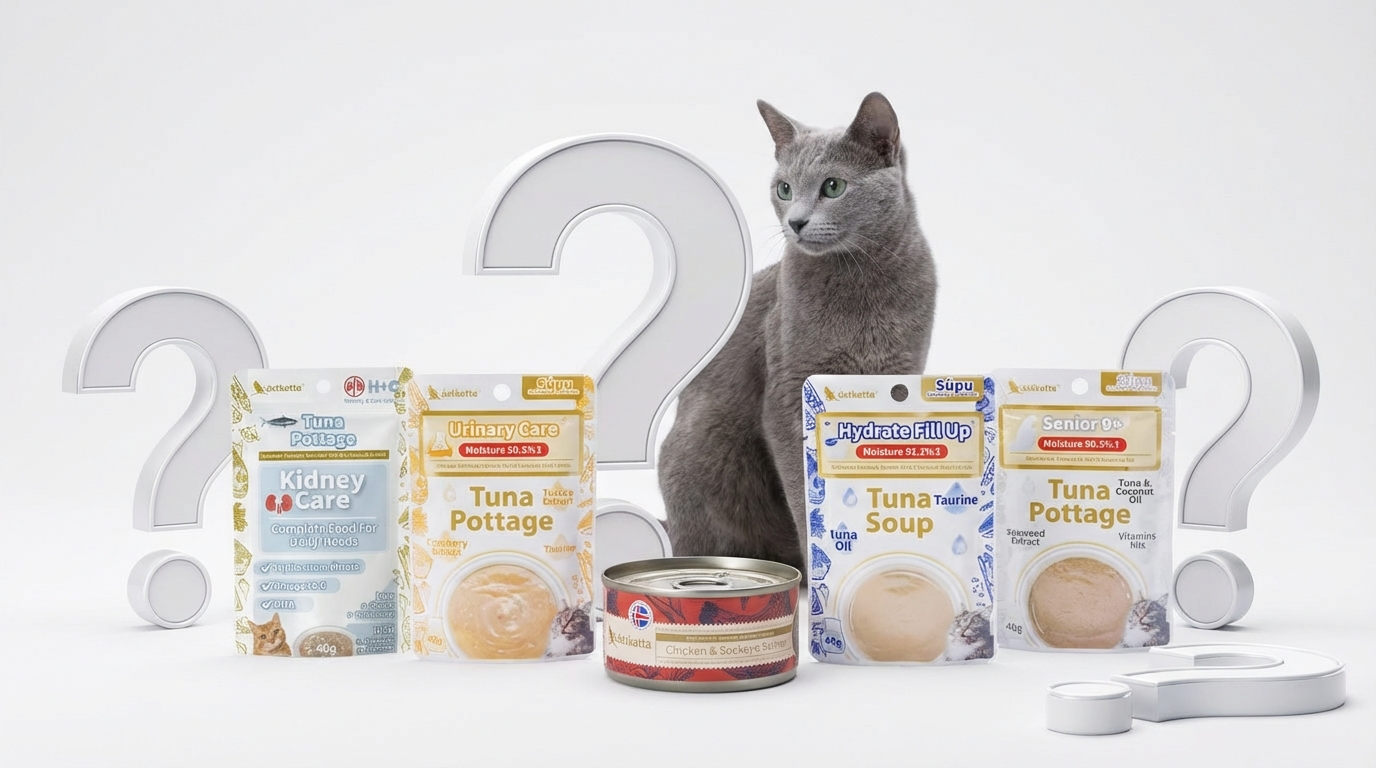 極簡白色工作室中整齊排列多款 Astkatta 貓罐頭，搭配具設計感的立體問號與優雅貓咪，在專業柔和光影下營造權威感，傳遞品牌專業解答與嚴選冰島食材的安心信任感。