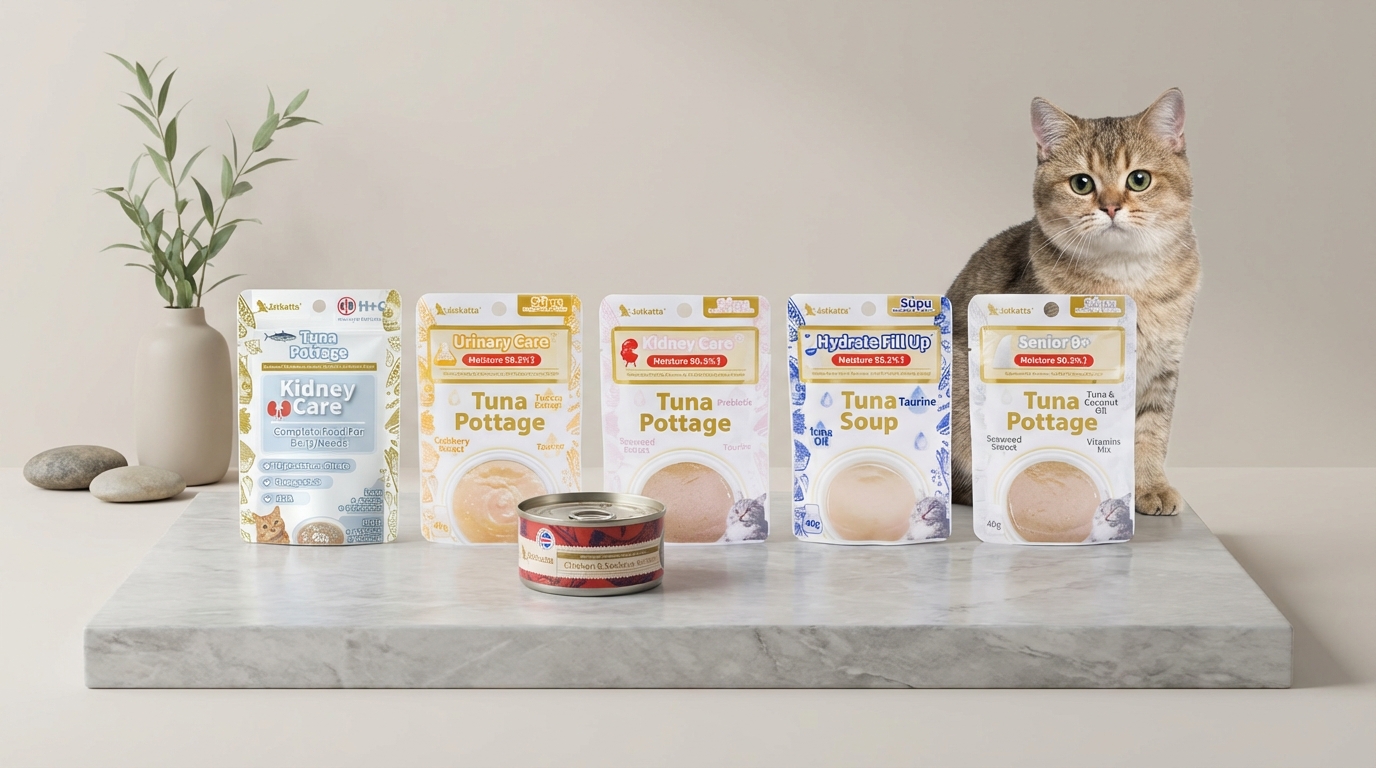 Astkatta 產品包裝置於大理石紋理的簡約空間，旁有目光溫和的亮麗貓咪優雅陪伴。專業燈光展現包裝細膩質感，搭配極簡綠植，呈現高品質且專業的寵物品牌形象。