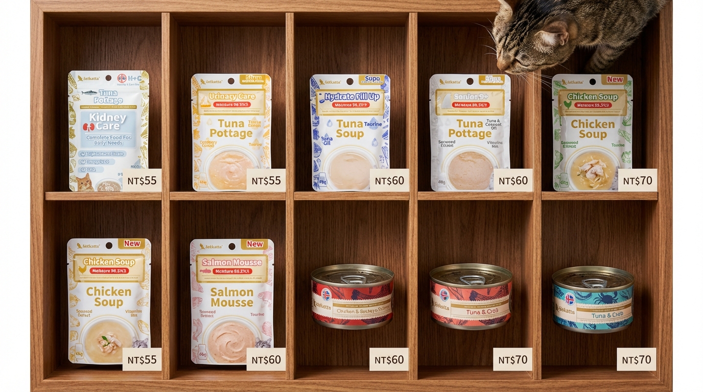 Astkatta 多元產品系列整齊陳列於精緻木質收納櫃，俯視角度清晰展示十款熱銷貓咪食品與簡約價格牌。畫面邊緣有可愛貓咪探頭，營造貨源充足且親和力十足的專業商業攝影美感。