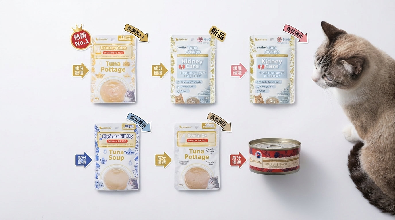 Astkatta 選購攻略對比圖在現代桌面整齊排列熱銷產品。專業照明呈現包裝標籤，搭配標註箭頭輔助選擇，一旁有優雅貓咪安靜陪伴，營造出專業嚴謹且具親和力的導購氛圍。