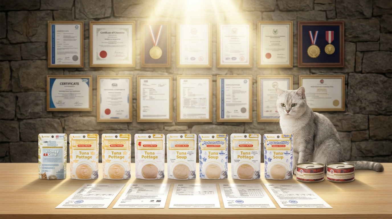 Astkatta 十款熱銷貓罐頭陳列於檢驗報告旁，背景為專業證書牆。光線聚焦突顯品質標章，展現權威地位。一隻優雅貓咪靜靜守護，傳遞嚴選食材守護毛孩健康的品質保證。
