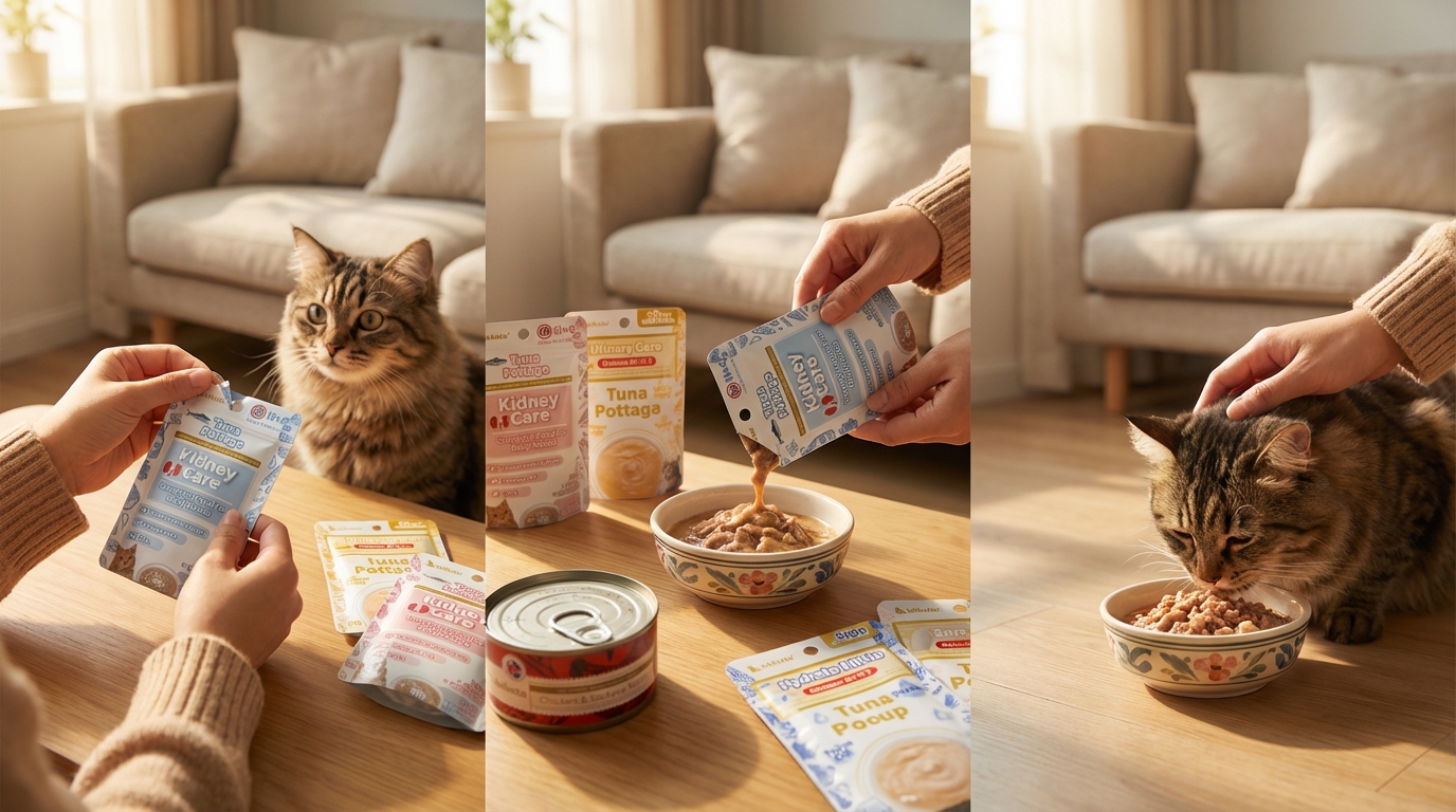 晨光灑入溫馨客廳，飼主正開啟 Astkatta 包裝將肉食倒入碗中，旁邊伴隨眼神期待的可愛貓咪。特寫畫面完整呈現產品標誌與細節，展現人寵互動的喜悅氛圍與高品質生活質感。