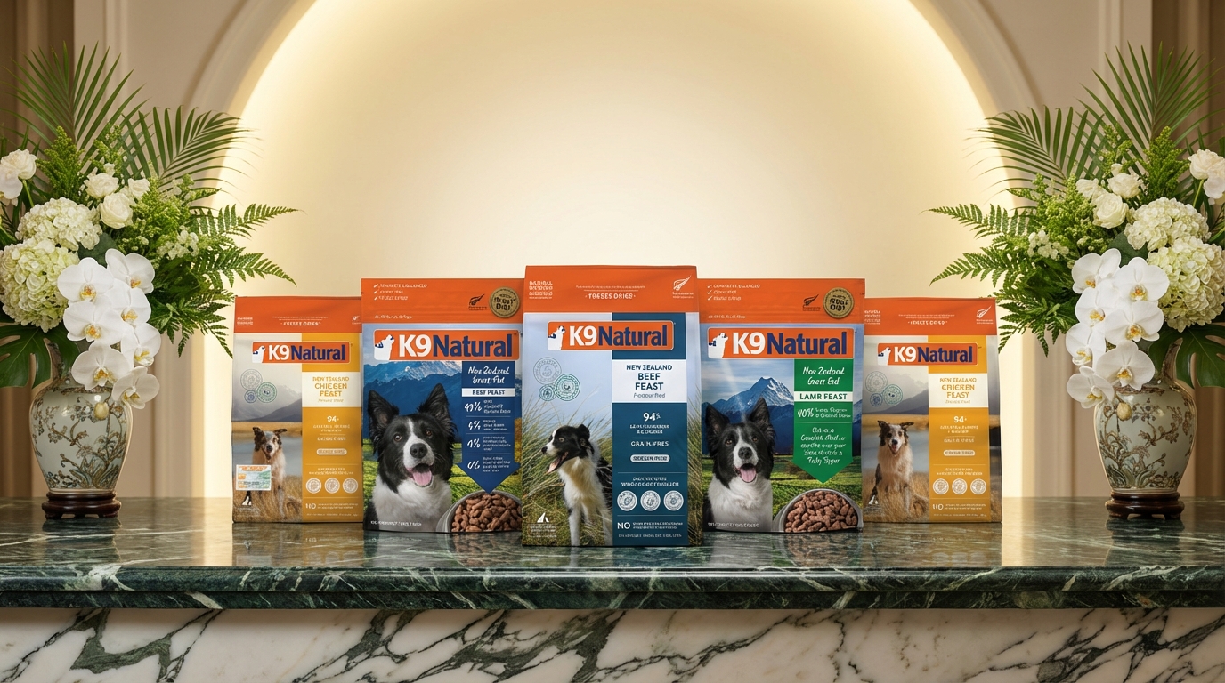 K9 Natural 產品陳列於奢華大理石檯面，背景伴隨柔和光暈。兩側點綴優雅鮮花與綠植，透過對稱構圖展現品牌高端專業質感，完整呈現產品原始包裝細節與標誌。