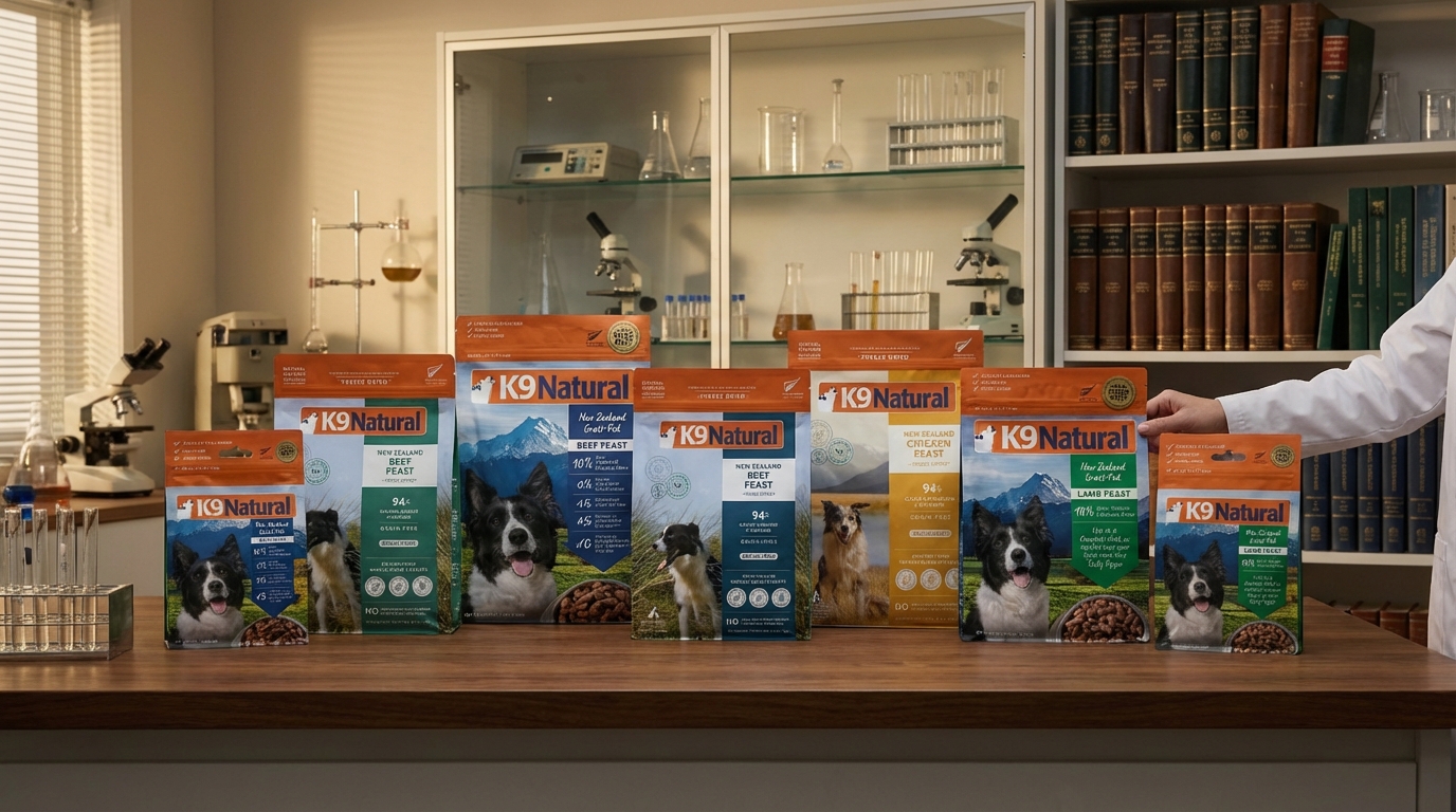 K9 Natural 十款熱銷產品在佈滿科學儀器與精裝書的高端實驗室中專業排列。畫面層次分明，結合柔和照明與權威視角，展現品牌深厚的科研實力與值得信賴的專業形象。